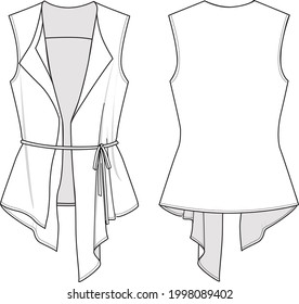 Women's Asymmetrical Slim Vest. Vest technical fashion illustration. Flat apparel vest template front and back, white colour. Women's CAD mock-up.