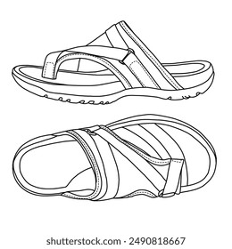 Women's Athletic Sport Walking Slide, Split-toe Comfort Hiking Casual Outdoor Beach Water Slip On Sandals  Line art, Technical sketch hand drawing outline vector doodle illustration isolated on white 