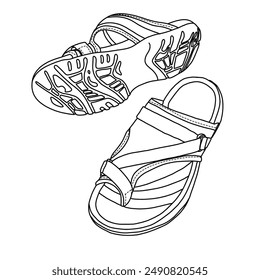 Women's Athletic Sport Walking Slide, Split-toe Comfort Hiking Casual Outdoor Beach Water Slip On Sandals  Line art, Technical sketch hand drawing outline vector doodle illustration isolated on white 