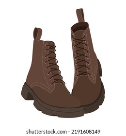 Women's autumn trendy brown lace-up boots with massive soles isolated on white. Fashion shoes. Vector illustration