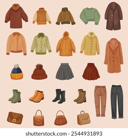 Women's autumn or winter outfit with coat, jacket, sweater, skirt, trousers, shoes, and handbag, perfect for a cozy, stylish seasonal look.