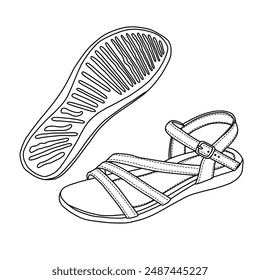 Women's Backstrap Casual Platform Open Toe Wedge Sandals Line art, Technical sketch hand drawing outline vector doodle illustration isolated on white background