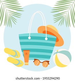 Women's bag with beach accessories. Summer design elements set.