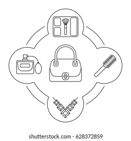 Women's bag contents linear icons set. Blusher, hair brush, gemstone necklace, perfume. Isolated vector illustrations