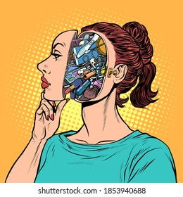 women's bag contents. A woman's head with thoughts and ideas. Pop art retro illustration kitsch vintage 50s 60s style