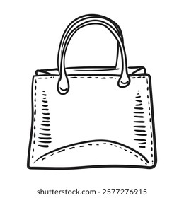 Women's bag drawn by hand with black ink. Vector handbag isolated on transparent background. Linear illustration sketch.