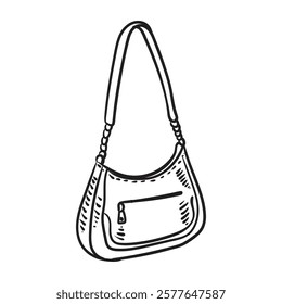 Women's bag drawn by hand with black ink. Vector handbag isolated on transparent background. Linear illustration sketch.