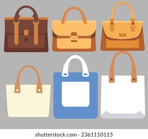 Women's bag set vector illustration, flat woman's bag, purse, handbag, totebag, shoping bag collection set vector art isolated