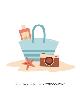 Women's bag with sunscreen, camera and starfish on the sand. Vector illustration of beach accessories. Sea holiday concept