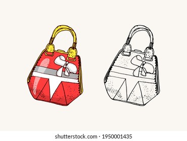 Women's bag. Vintage style. Hand drawn doodle fashion accessories. Vector Illustration for Sticker or Diary
