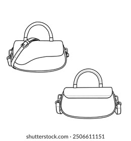 Women's bags. Top handle bag, sling bag flat sketch fashion illustration drawing template mock-up. Front, and back view. Isolated on a white background.