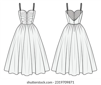 Women's Ball Gown Sweetheart wieder offen Midi Kleid Front und Back View. Mode Illustration, Vektorgrafik, CAD, Technische Zeichnung, Flach-Zeichnung, Vorlage, Mock-up.