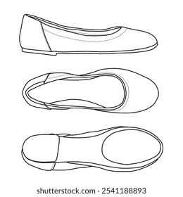 Zapatos planos del ballet de las mujeres Arte de la línea, bosquejo técnico dibujando a mano contorno Vector doodle ilustración lado, vista superior e inferior aislado sobre fondo blanco