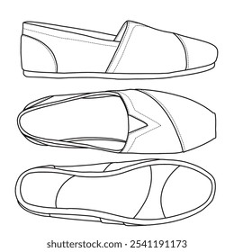 Zapatos planos del ballet de las mujeres Arte de la línea, bosquejo técnico dibujando a mano contorno Vector doodle ilustración lado, vista superior e inferior aislado sobre fondo blanco