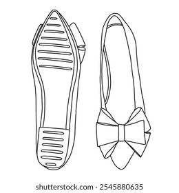 Zapatos planos de ballet para mujer Arte de línea, bosquejo técnico Dibujo a mano Esquema Vector doodle Vista superior e inferior aislada sobre fondo blanco
