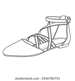 Bailarinas de ballet de las mujeres con correa de tobillo, zapatos planos, zapatos de tiras Arte de línea, bosquejo técnico dibujo a mano contorno Vector doodle vista isométrica lateral aislado sobre fondo blanco