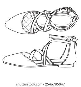 Women's Ballet flats with Ankle Strap, Flats,Strappy shoes Line art, Technical sketch hand drawing outline vector doodle side and top view isolated on white background