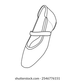 Zapatos planos del ballet de las mujeres con la Asistencia del arco y los zapatos bajos ocultados del talón de la cuña Arte de la línea, bosquejo técnico de la mano que dibuja el contorno Vista isométrica del lado superior del doodle del Vector aislada en el fondo blanco