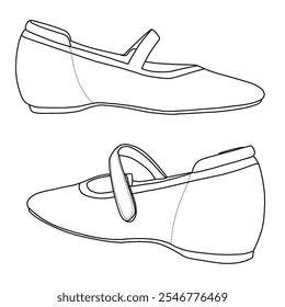 Zapatos planos del ballet de las mujeres con la Asistencia del arco y los zapatos bajos ocultados del talón de la cuña Arte de la línea, bosquejo técnico dibujando a mano el lado del doodle del Vector y la vista posterior aislados en el fondo blanco