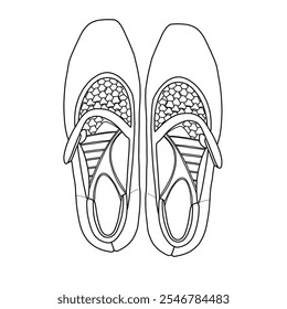 Zapatos planos del ballet de las mujeres con la Asistencia del arco y los zapatos bajos ocultados del talón de la cuña Arte de la línea, bosquejo técnico de la mano que dibuja el contorno Vista superior del doodle del Vector aislada en el fondo blanco