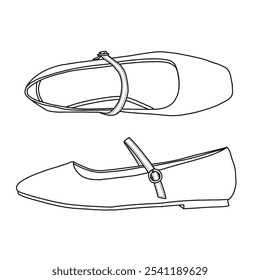 Zapatos planos de ballet de las mujeres Correa ajustable Cómodo cuadrado dedo del pie cerrado Línea de arte, bosquejo técnico dibujo a mano esquema Vector doodle ilustración lado y vista superior aislado sobre fondo blanco