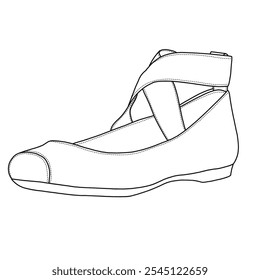 Damen Ballett Wohnungen Schuhe mit Knöchelriemen Line Art, Technische Skizze Handzeichnung Umriss Vektor Doodle Illustration Seitenansicht einzeln auf weißem Hintergrund