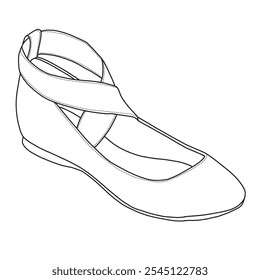 Damen Ballett Wohnungen Schuhe mit Knöchelriemen Line Art, Technische Skizze Handzeichnung Umriss Vektor Doodle Illustration Seite isometrische Ansicht einzeln auf weißem Hintergrund