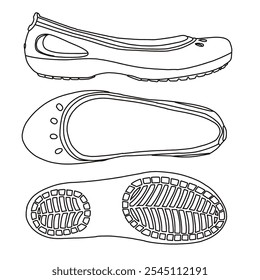 Damen Ballett Wohnungen Schuhe Linie Kunst, Technische Skizze Handzeichnung Umriss Vektor Doodle Illustration Seite, Ober-und Unterseite einzeln auf weißem Hintergrund