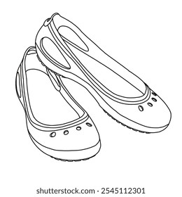 Arte de línea de los zapatos planos del ballet de las mujeres, bosquejo técnico dibujando a mano el contorno del Vector doodle ilustración vista isométrica lateral aislada en el fondo blanco