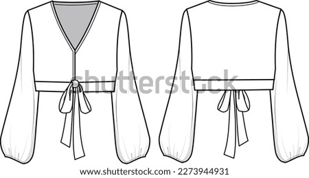 Women's Balloon Sleeve Blouse- Technical fashion illustration. Front and back, white colour. Women's CAD mock-up.