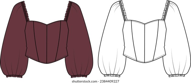 Women's Balloon Sleeve Corset Top. Top technical fashion illustration. Flat apparel top template front, white and bordeaux colour. Women's CAD mock-up.