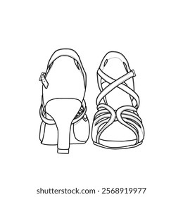 Women's ballroom dance shoes, adjustable ankle strap with buckle, tango shoes. Technical sketch drawing of heels for woman line art, front, and back view, flat sketch vector.