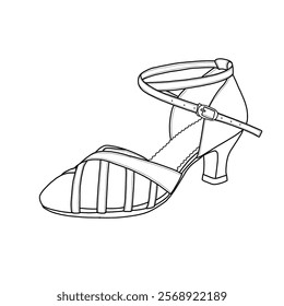 Women's ballroom dance shoes, adjustable ankle strap with buckle, latin salsa dance shoes, bachata shoes. Technical sketch drawing of heels for woman line art, side view, flat sketch vector.