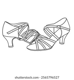 Women's ballroom dance shoes, Latin salsa dancing shoes. Technical sketch hand drawing outline vector doodle illustration, side view isolated on white background 