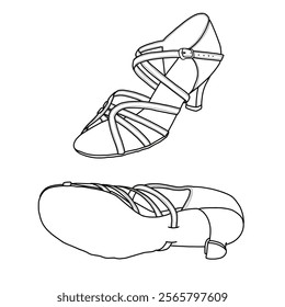 Women's ballroom dance shoes, Latin dancing shoes. Technical sketch hand drawing outline vector doodle illustration, front, side, and bottom view isolated on white background 