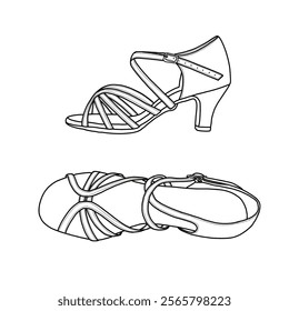 Women's ballroom dance shoes, latin salsa dancing shoes. Technical sketch hand drawing outline vector doodle illustration, side and top view isolated on white background 