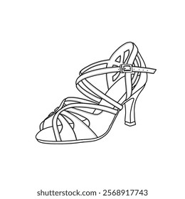 Women's ballroom dance shoes, salsa latin dancing shoes mid-heel. Technical sketch drawing of heels for woman line art, front, and side view, flat sketch vector. Isolated on a white background.