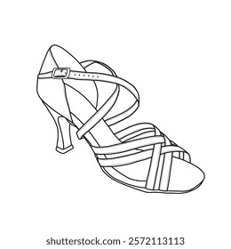 Women's ballroom shoe with buckle and ergonomic toe shape vector line art. Technical sketch hand drawing outline vector doodle illustration. Isolated on a white background