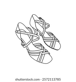 Women's ballroom shoe with buckle and ergonomic toe shape vector line art. Technical sketch hand drawing outline vector doodle illustration. Isolated on a white background