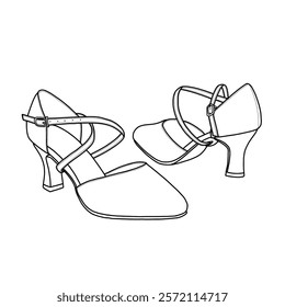 Women's ballroom shoe, latin and salsa dance shoe, tango dance shoe with buckle vector line art, front, and back view. Technical sketch hand drawing outline vector doodle illustration. 