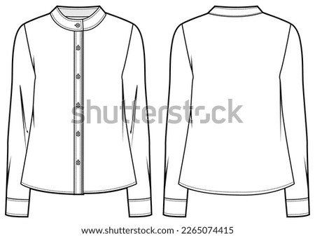 Women's Band collar Shirt Blouse flat sketch fashion illustration drawing front and back view, Mandarin collar Long sleeve formal shirt cad for girls and ladies template mock up 商業照片 © 