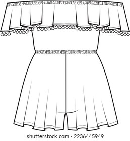 Women's Bardot Frill Detail Pom Pom Playsuit. Playsuit technical fashion illustration. Flat apparel playsuit template front, white color. Women's CAD mock-up.