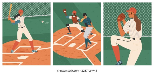 Women's baseball game vector posters set. Female baseball players on a field. Girl pitcher throwing the ball. Softball woman player in uniform.