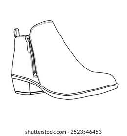 Frauen Basel Knöchel Bootie mit Reißverschluss Pull-On Schuhe Linie Kunst, Technische Skizze Handzeichnung Umriss Vektor Doodle Illustration Seite 3D Isometrische Ansicht einzeln auf weißem Hintergrund