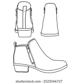 Basler Damenknöchelbootie mit Reißverschluss Pull-On Schuhe Leinenkunst, Technische Skizze Handzeichnung Umriss Vektordoodle-Illustration Seiten-, Vorder- und Rückansicht einzeln auf weißem Hintergrund