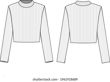 Women's Basic Crop Rib-Knit Sweater- Sweater technical fashion illustration. Flat apparel sweater template front and back, white colour. Women's CAD mock-up.