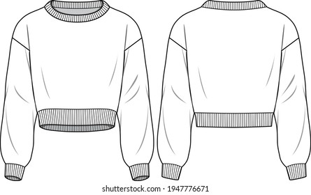 Women's Basic Crop Sweatshirt.  Technical fashion Sweatshirt illustration. Flat apparel sweat template front and back, white colour. Unisex CAD mock-up.