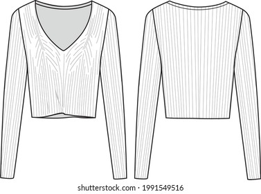 Women's Basic, Crop, V-Neck Rib-Knit Sweater- Sweater technical fashion illustration. Flat apparel sweater template front and back, white colour. Women's CAD mock-up.