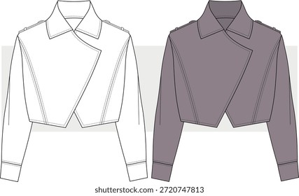 Women's basic cropped jacket fashion design technical drawing, illustration. Winter wear, coat , cardigan vector, Front view. CAD, Mockup.