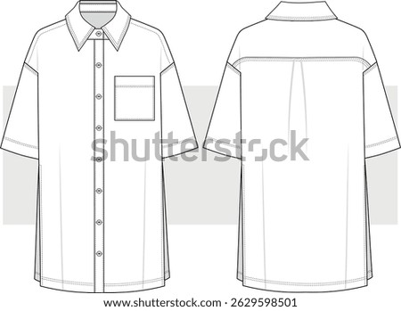 Women's basic midi shirt dress fashion technical drawing, flat sketch, illustration. Summer beach dress, vector. Front and back view, Cad, Mockup.